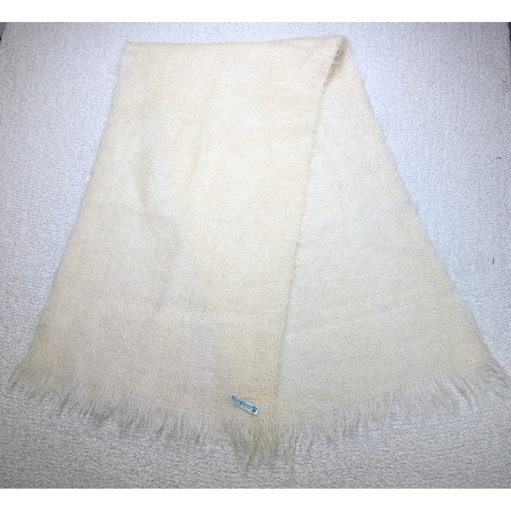 Vintage 70s The Scotch House Scarf Womens Cream Mohair Wool Fringe Made Scotland
